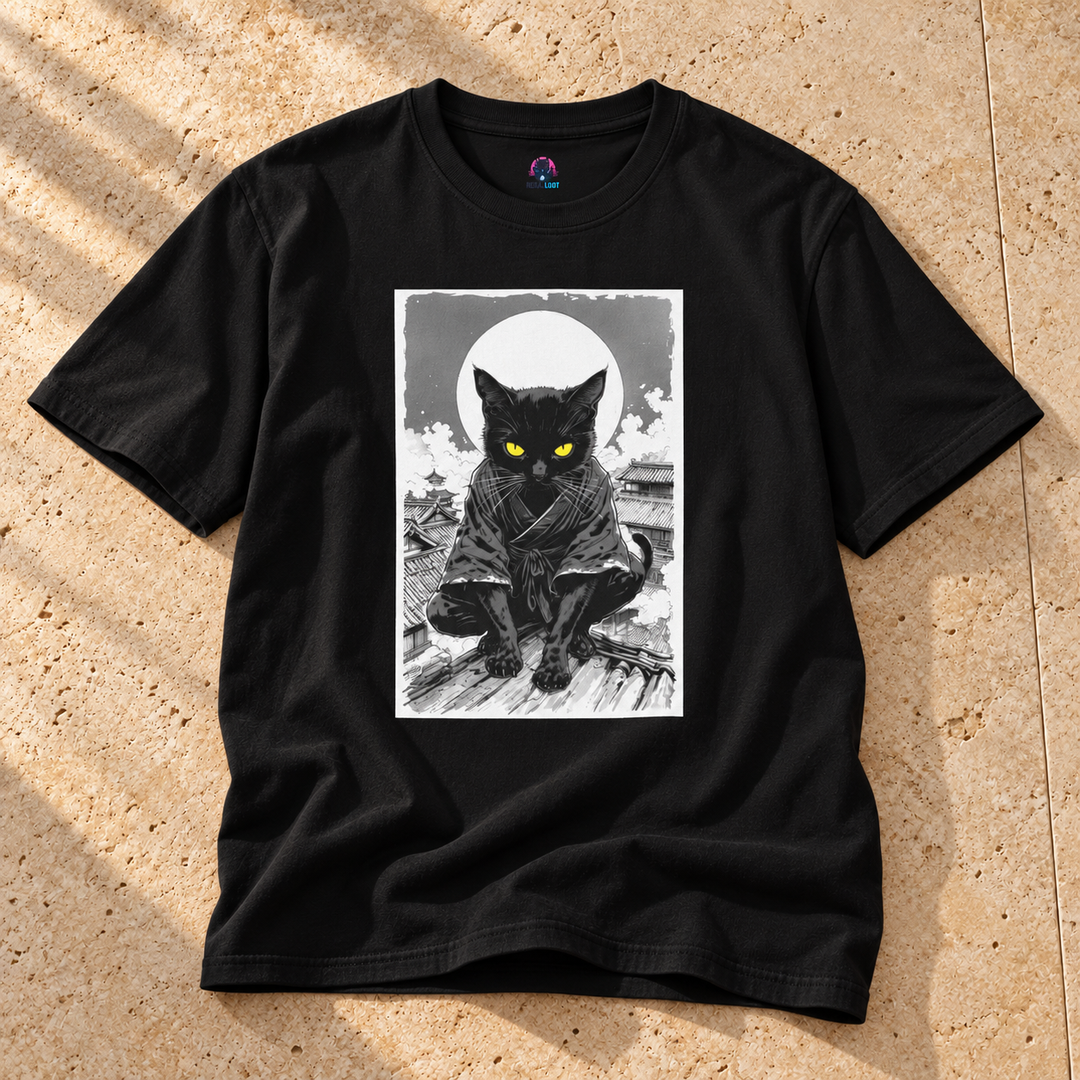 Black Sneaky Ninja Cat T-shirt on warm travertine stone.