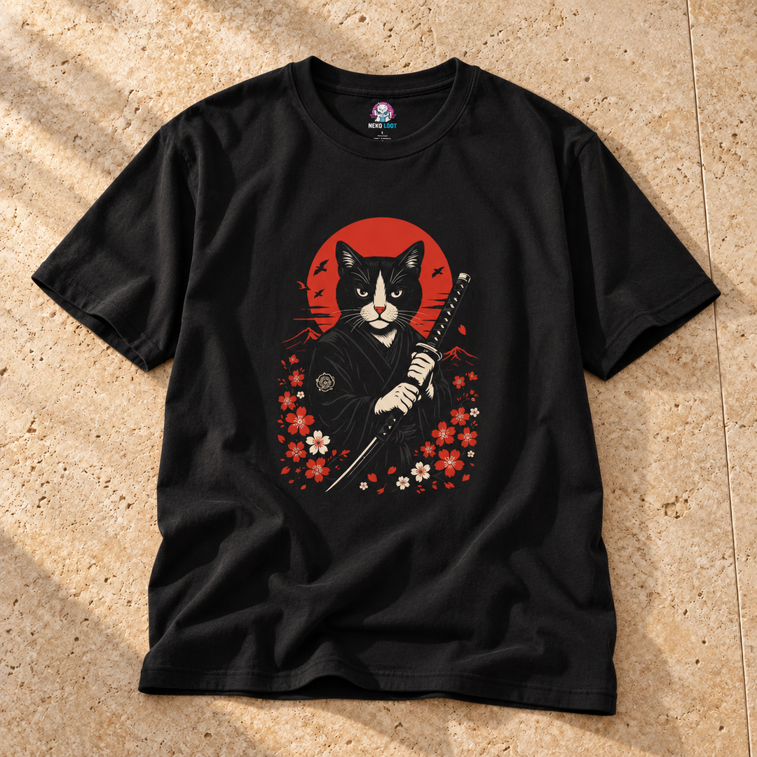 Black Black and White Samurai Cat Unisex T-Shirt on warm travertine stone.