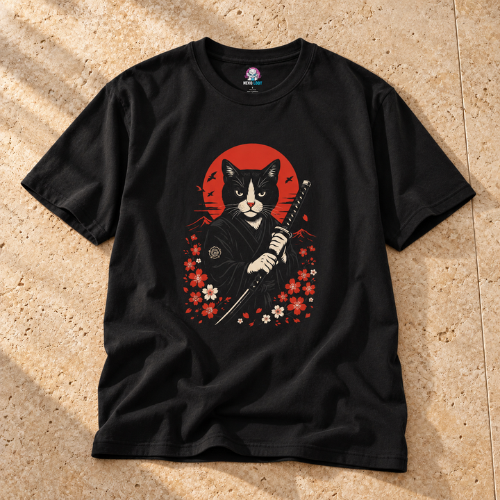 Black Black and White Samurai Cat Unisex T-Shirt on warm travertine stone.