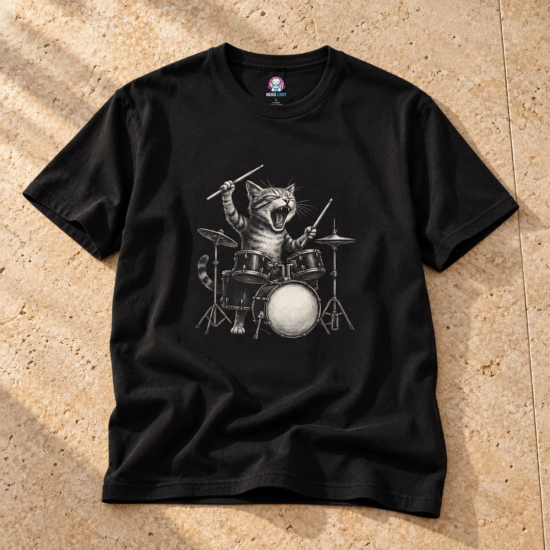 Black Groovy Cat Drummer T-Shirt on warm travertine stone.