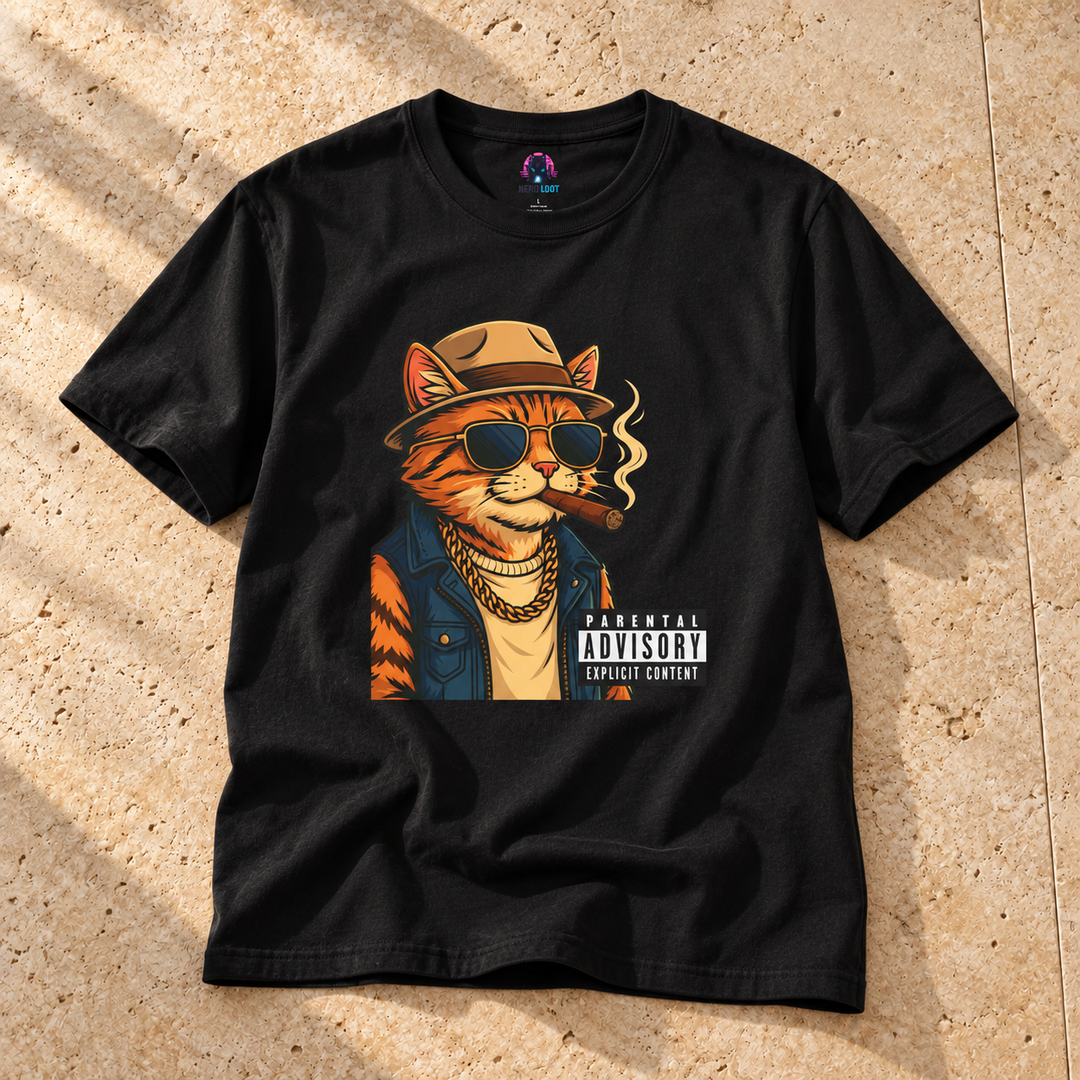 Black Parental Advisory Cat Funny T-Shirt on warm travertine stone.