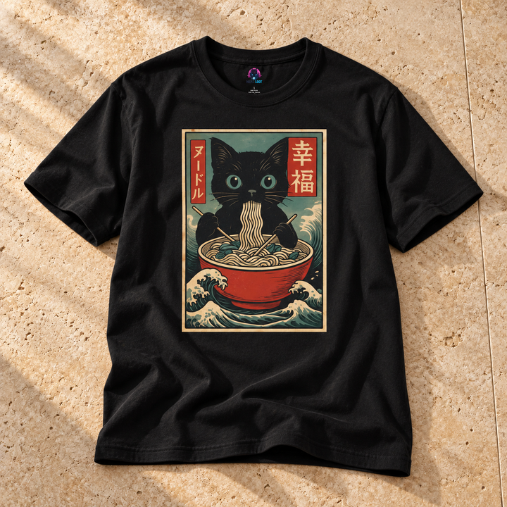 Black Vintage Cat Ramen T-Shirt on warm travertine stone.