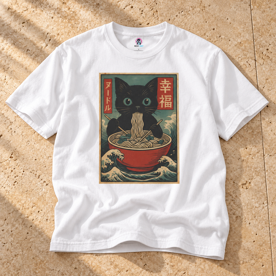 White Vintage Cat Ramen T-Shirt on warm travertine stone.