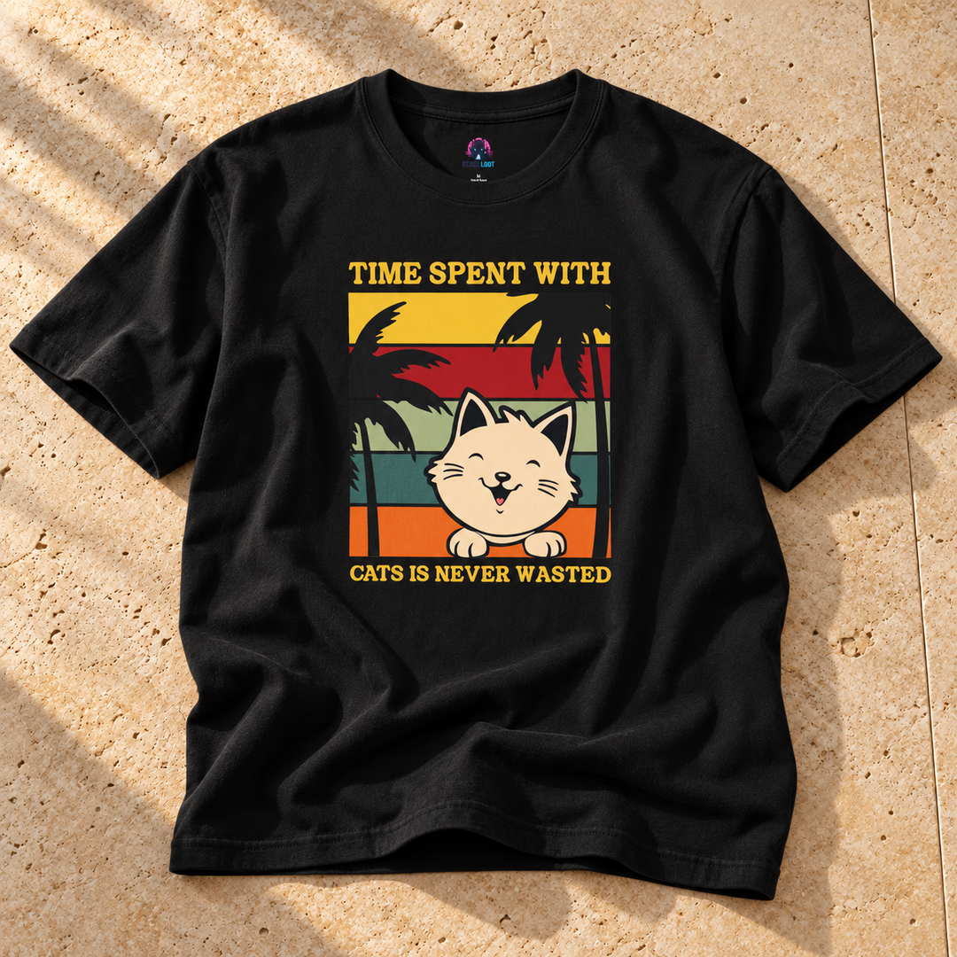 Black Funny Cat Time Wasted T-Shirt on warm travertine stone.