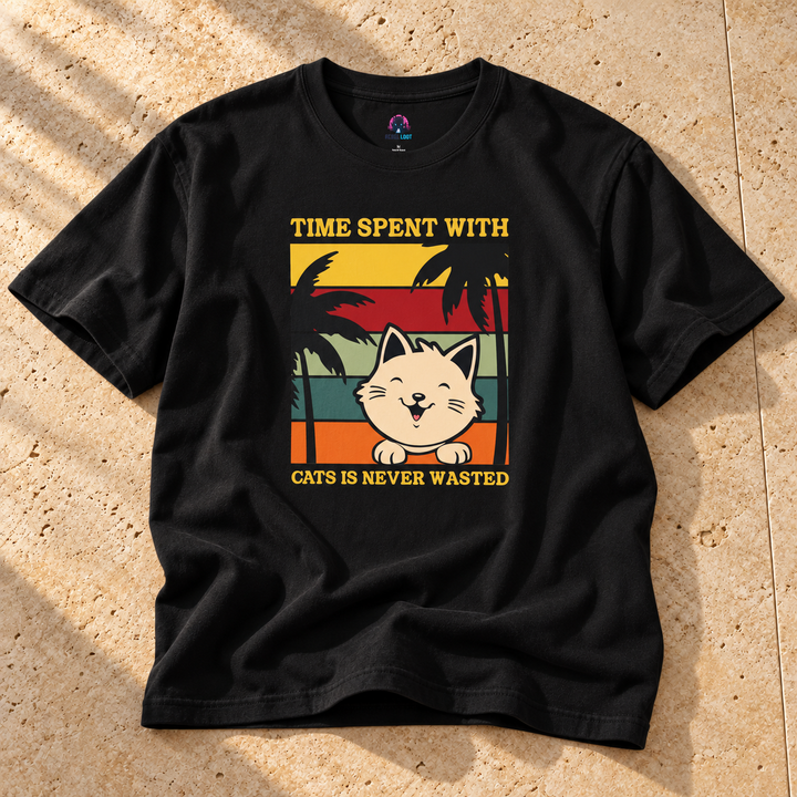 Black Funny Cat Time Wasted T-Shirt on warm travertine stone.