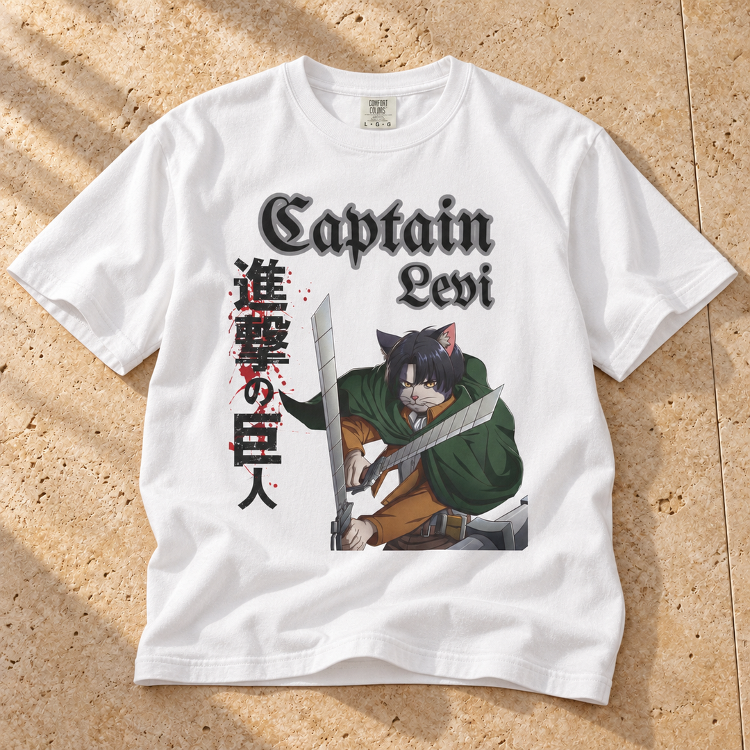 White Captain Levi Anime Cat T-Shirt on warm travertine stone.