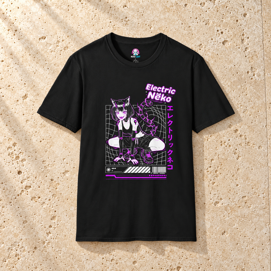 Black Electric Neko T-Shirt on warm travertine stone.