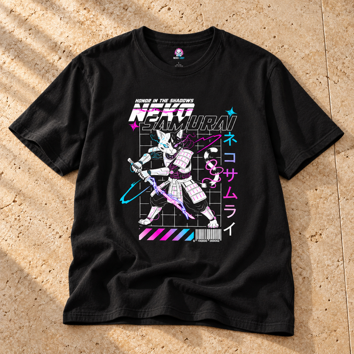 Black Neko Samurai Graphic T-Shirt on warm travertine stone.