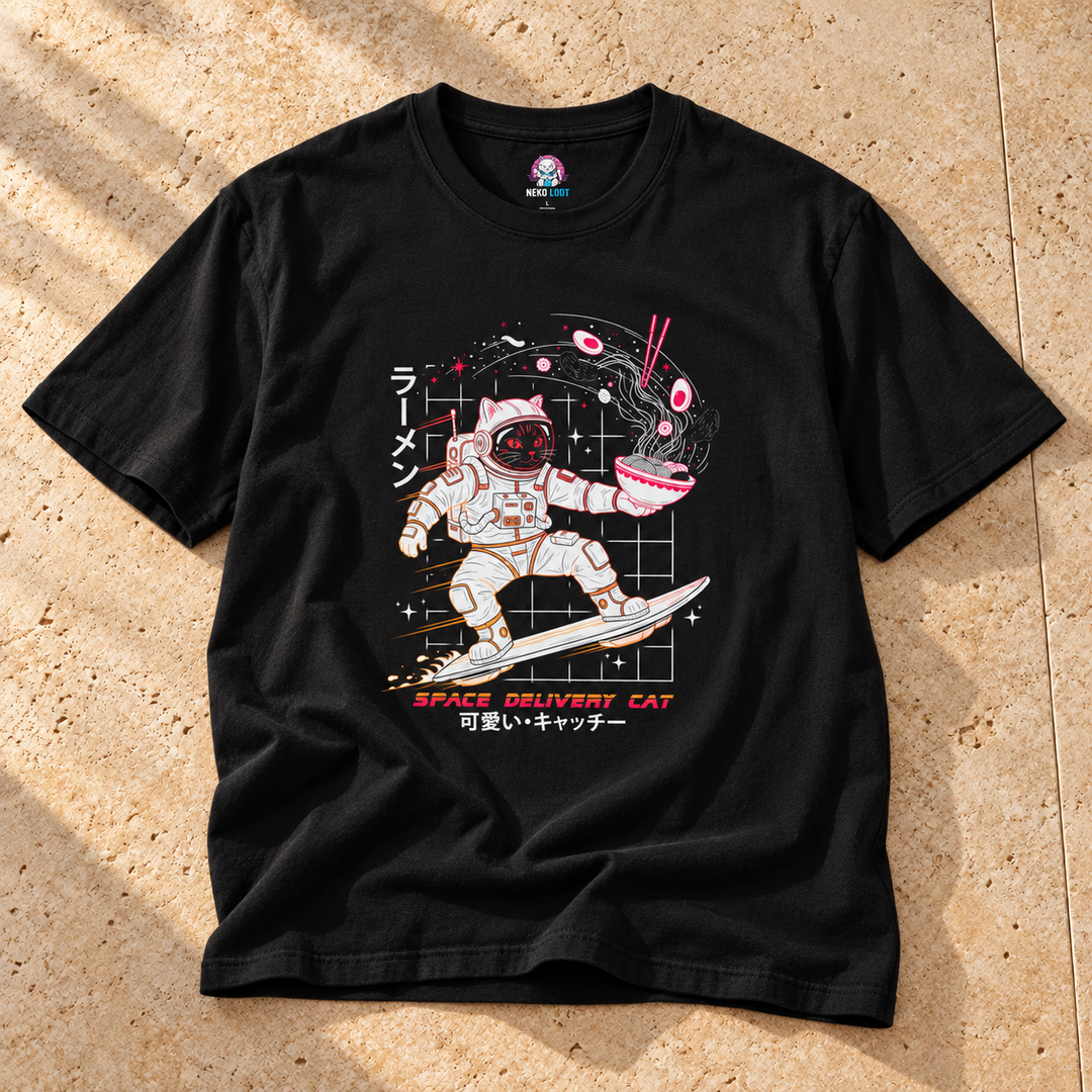 Black Space Delivery Cat Unisex T-Shirt on warm travertine stone.