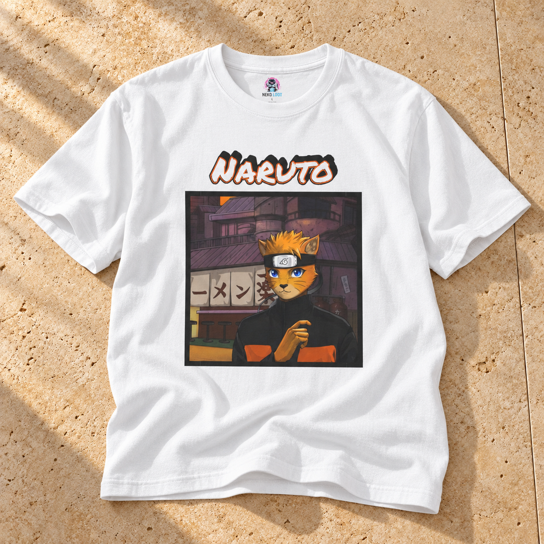 White Naruto Cat Inspired T-Shirt on warm travertine stone.