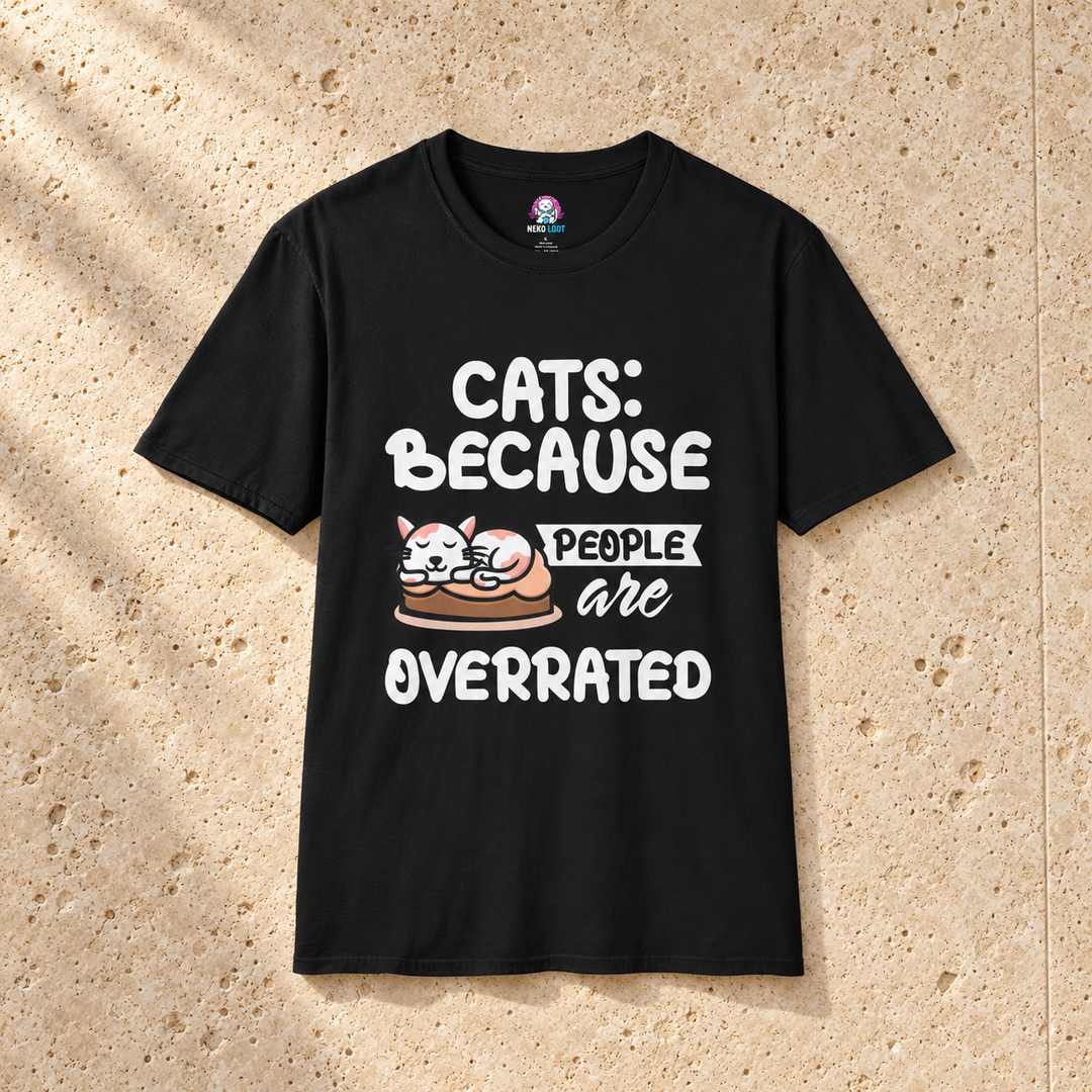 Black Cats Better Than People Funny T-Shirt on warm travertine stone.