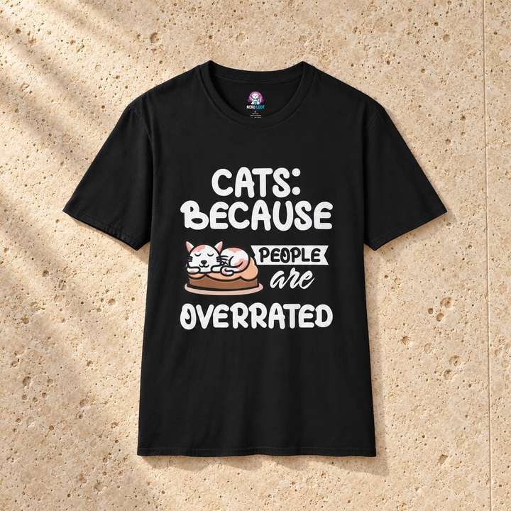 Black Cats Better Than People Funny T-Shirt on warm travertine stone.