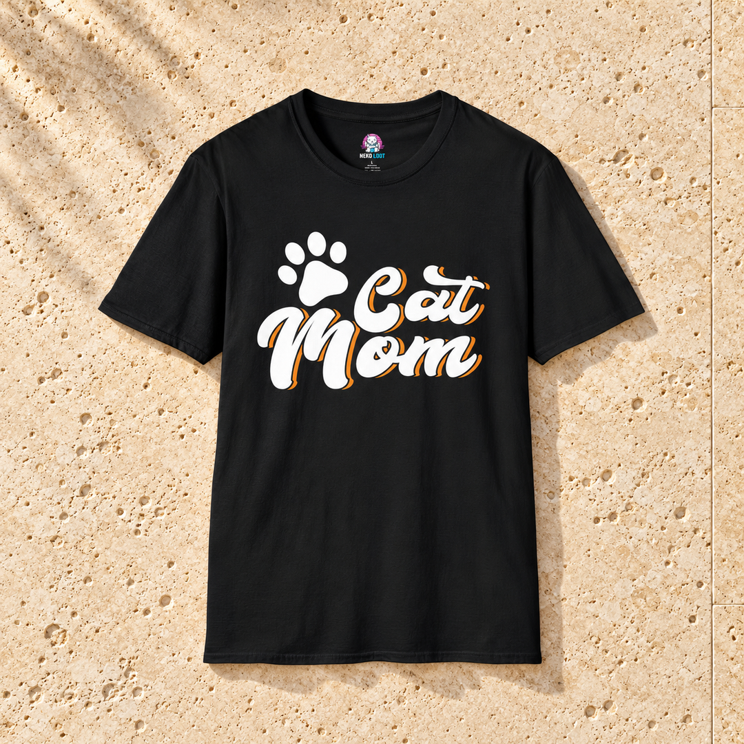 Black Cat Mom T-Shirt on warm travertine stone.