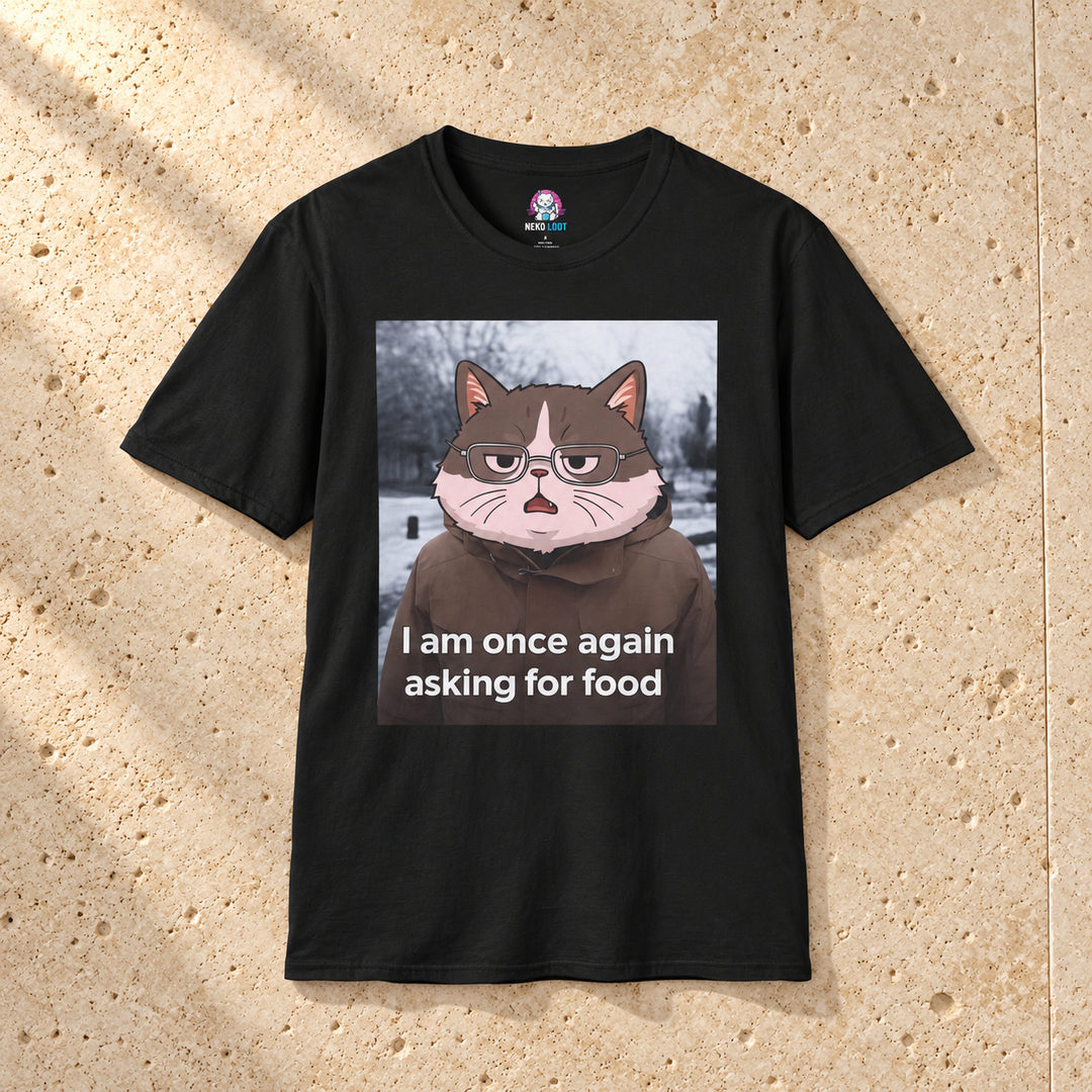 Black Bernie Meme Cat T-Shirt on warm travertine stone.