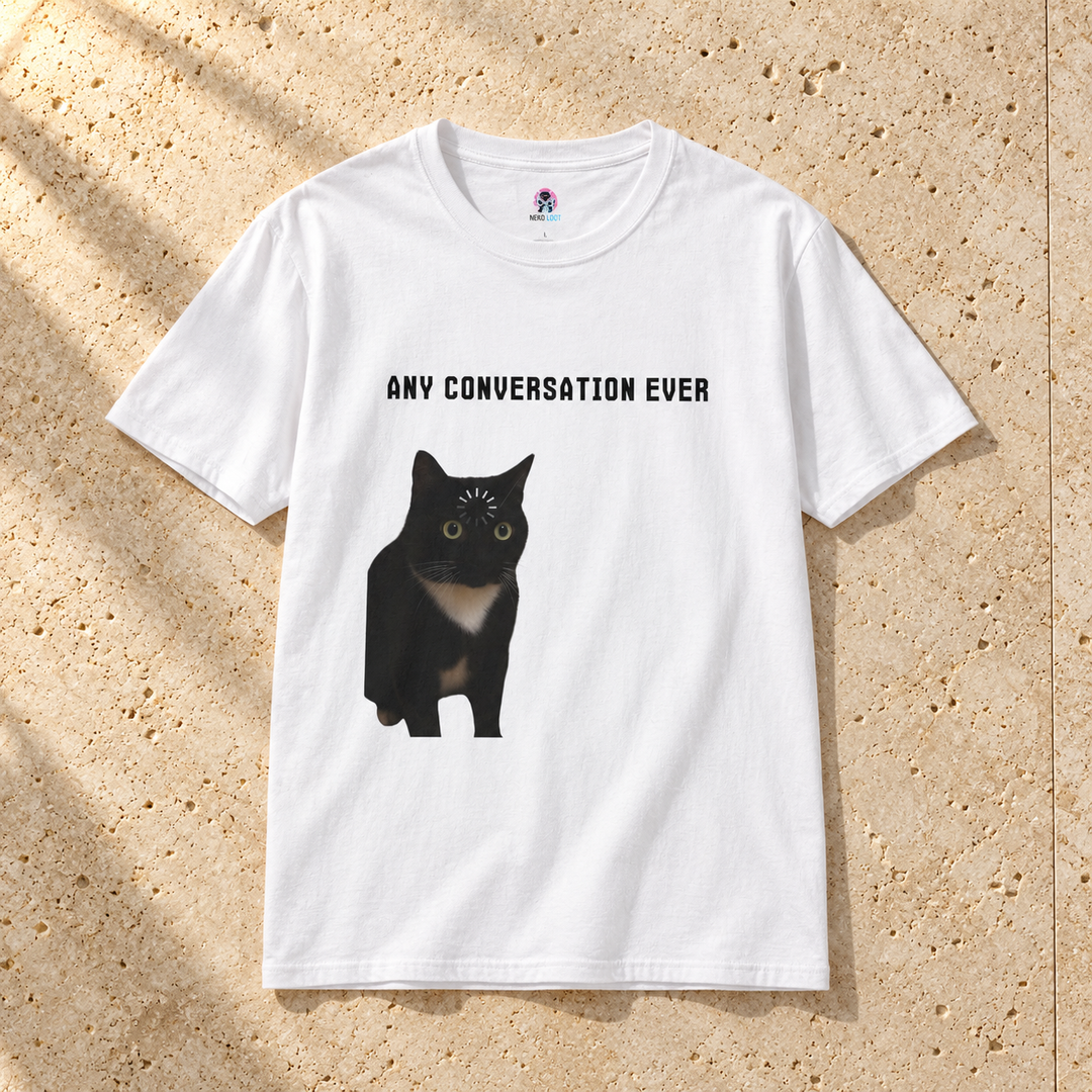 White Conversation Cat T-Shirt on warm travertine stone.