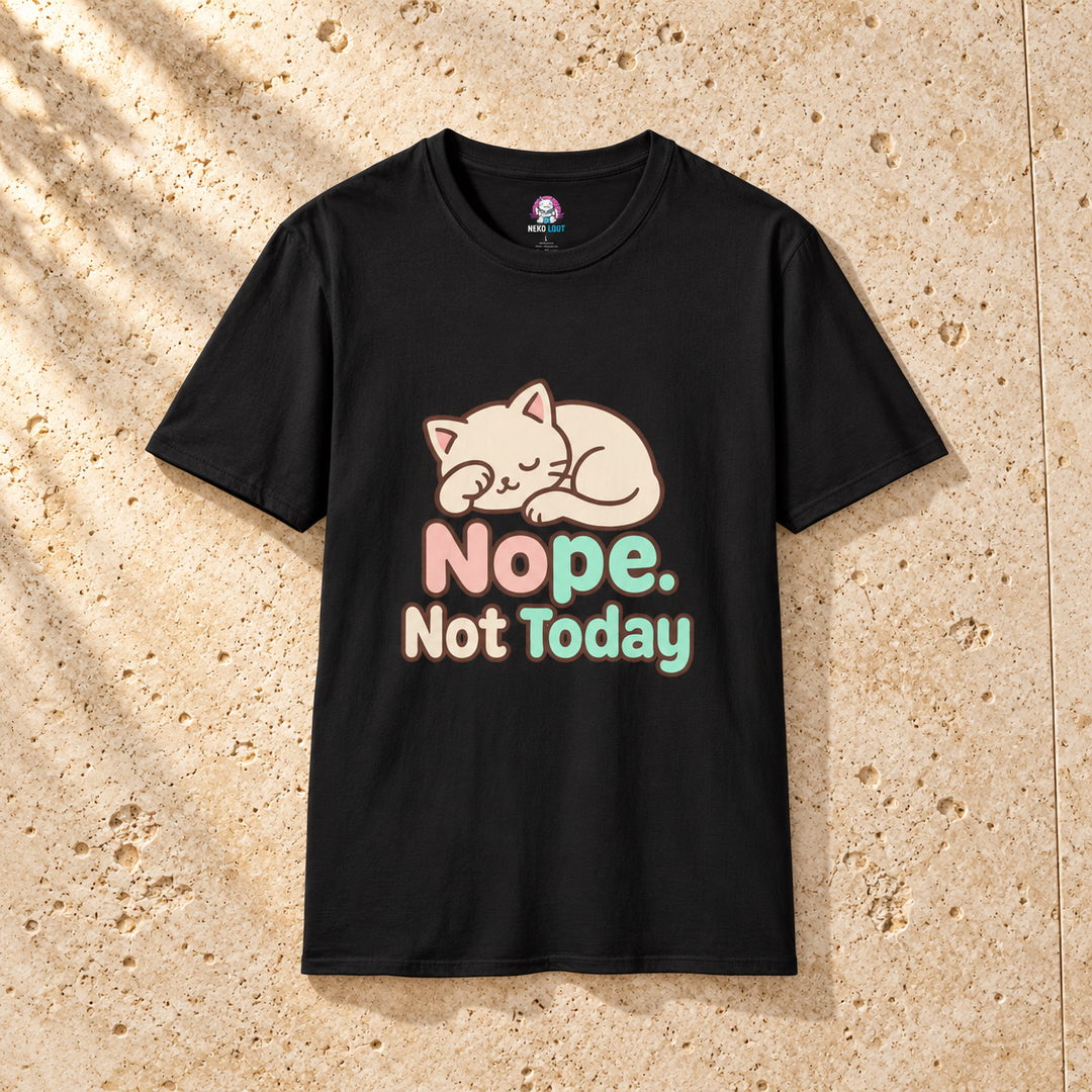 Black Nope. Not Today Cat T-Shirt on warm travertine stone.