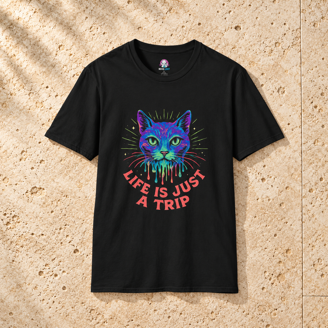 Black Drippy Kitty Cat T-Shirt on warm travertine stone.