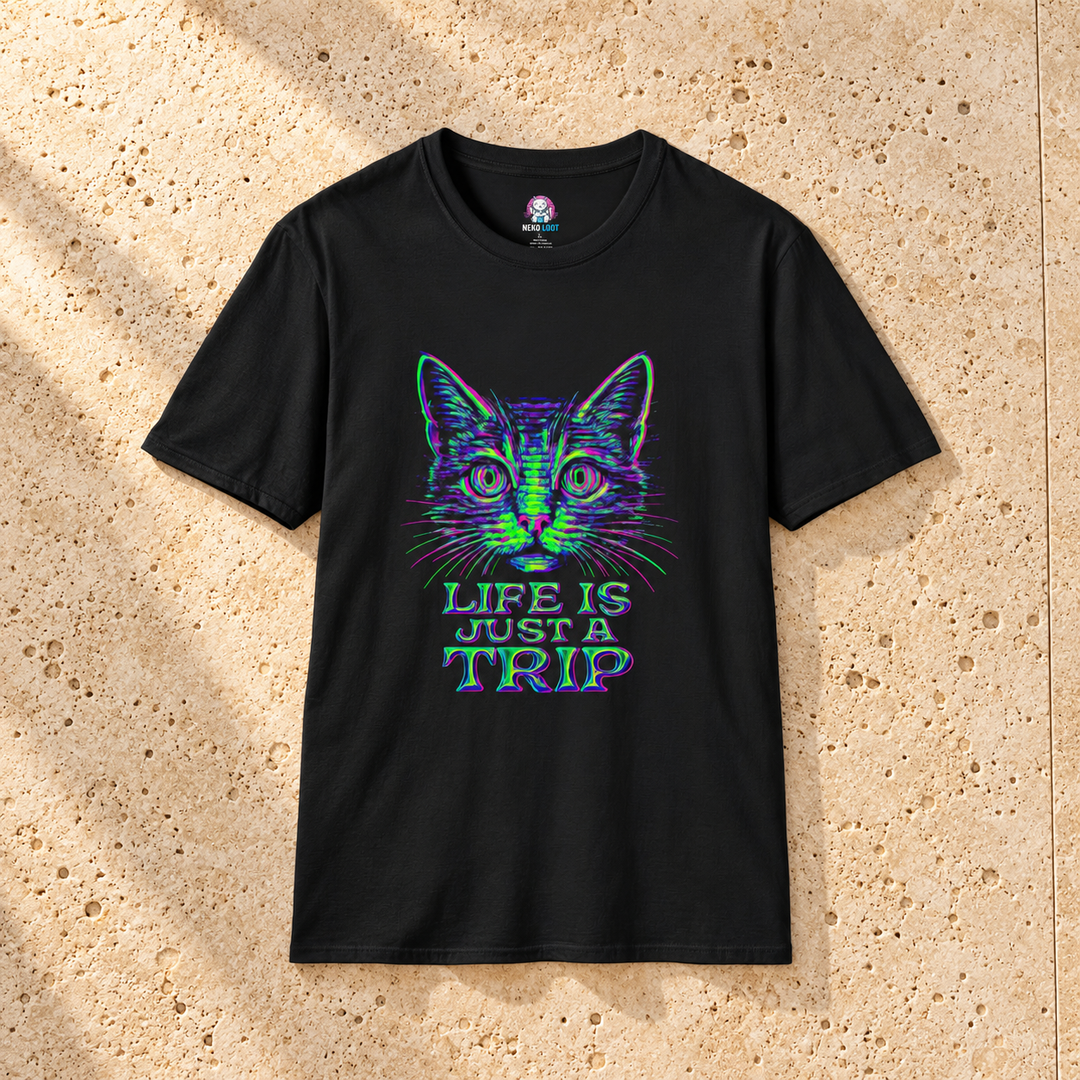 Black Trace Cat T-Shirt on warm travertine stone.