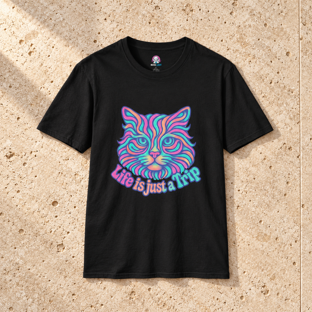Black Dreamy colors Cat T-Shirt on warm travertine stone.