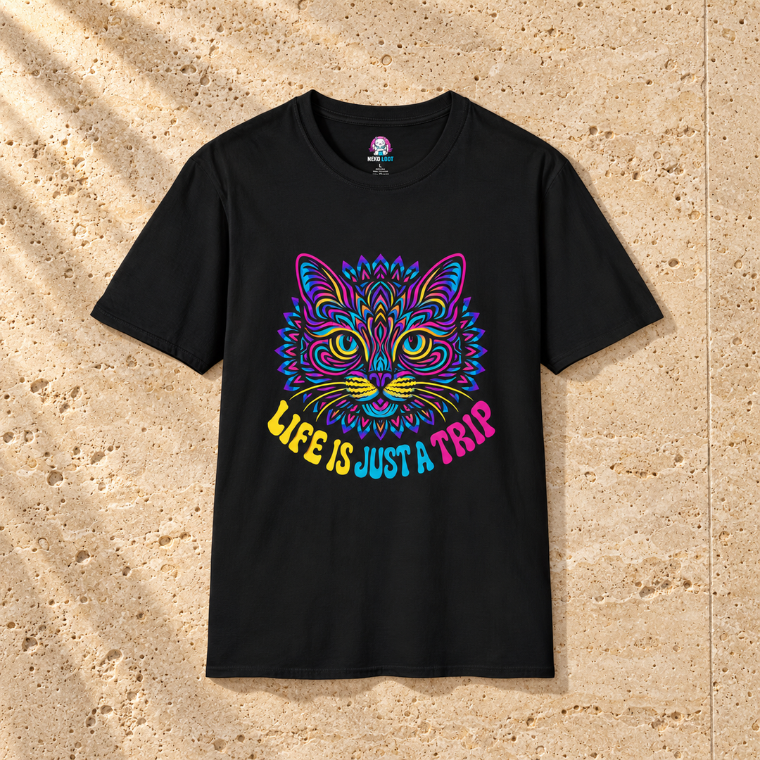 Black Cosmic Cat T-Shirt on warm travertine stone.