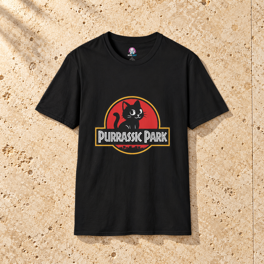 Black Purrassic Park Cat T-Shirt on warm travertine stone.