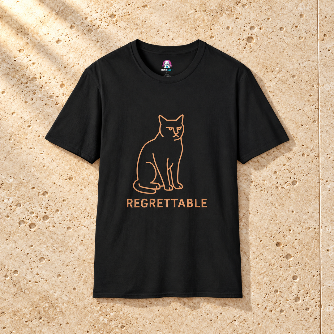 Black Regrettable Cat T-Shirt on warm travertine stone.