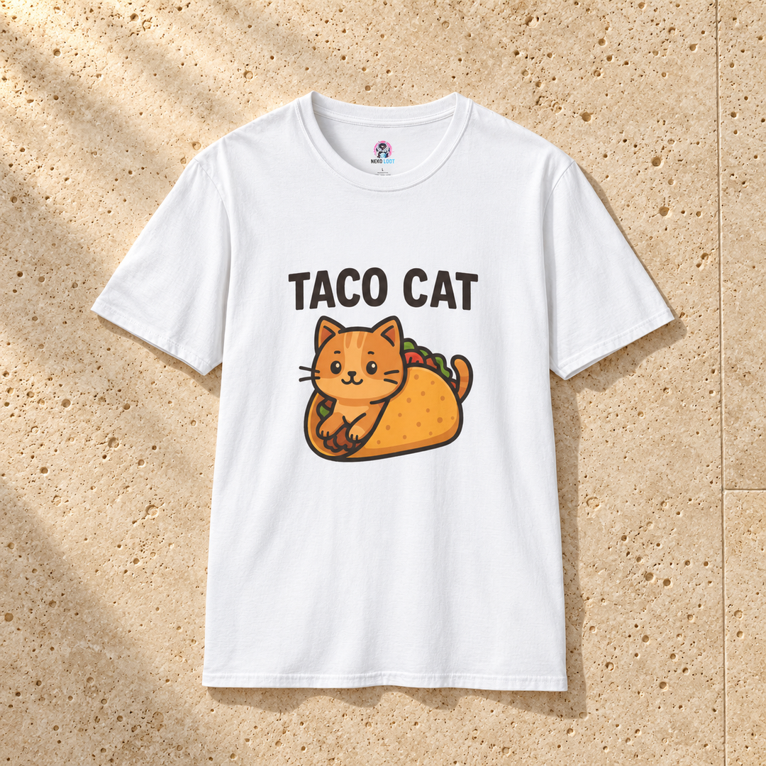 White Taco Cat T-Shirt on warm travertine stone.