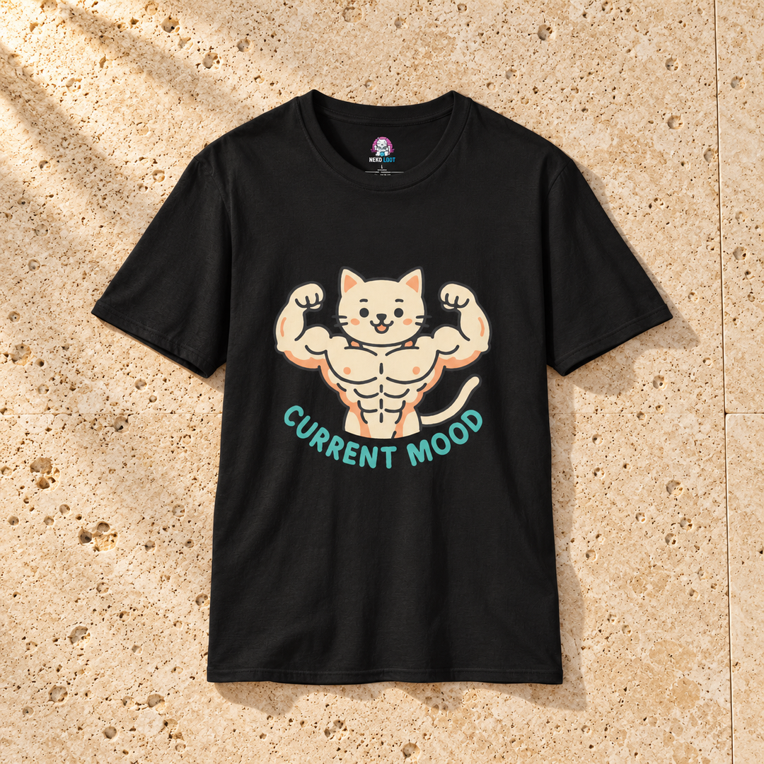 Black Muscle Cat t-Shirt on warm travertine stone.