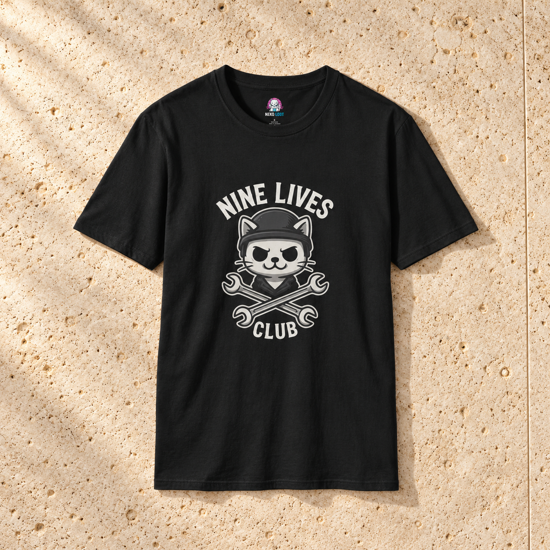 Black Nine Lives Club Cat T-Shirt on warm travertine stone.