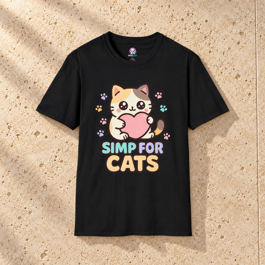 Black Simp Cat T-Shirt on warm travertine stone.