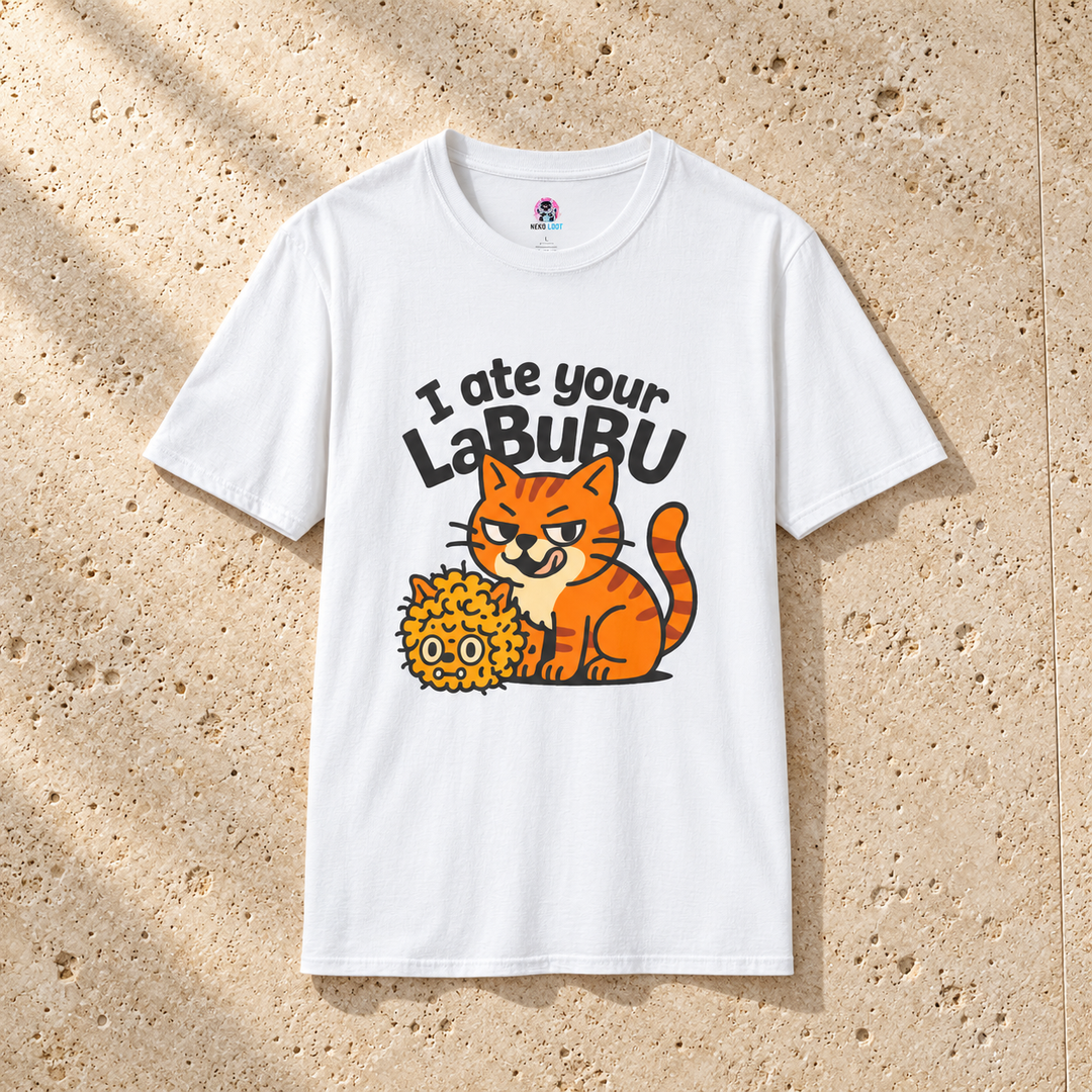 White Ate Your Labubu Cat T-Shirt on warm travertine stone.