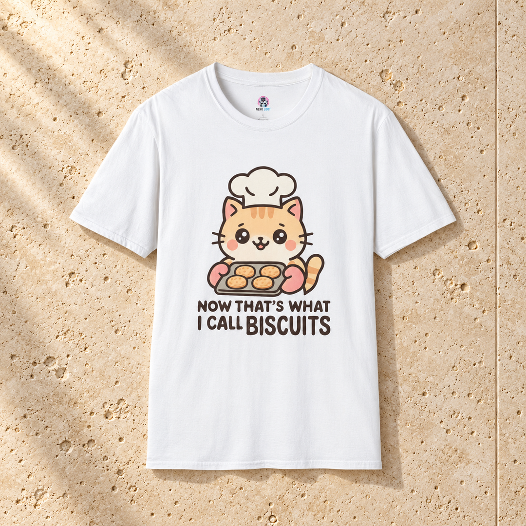 White Biscuits Cat T-Shirt on warm travertine stone.