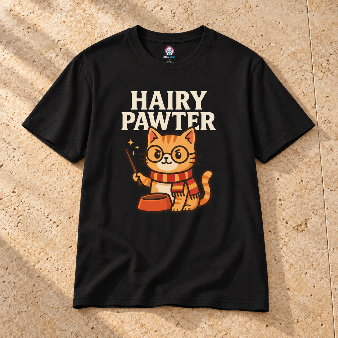 Black Harry Pawter Cat T-Shirt on warm travertine stone.