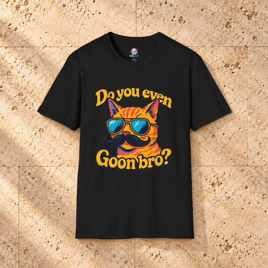 Black Goon Bro Cat T-Shirt on warm travertine stone.