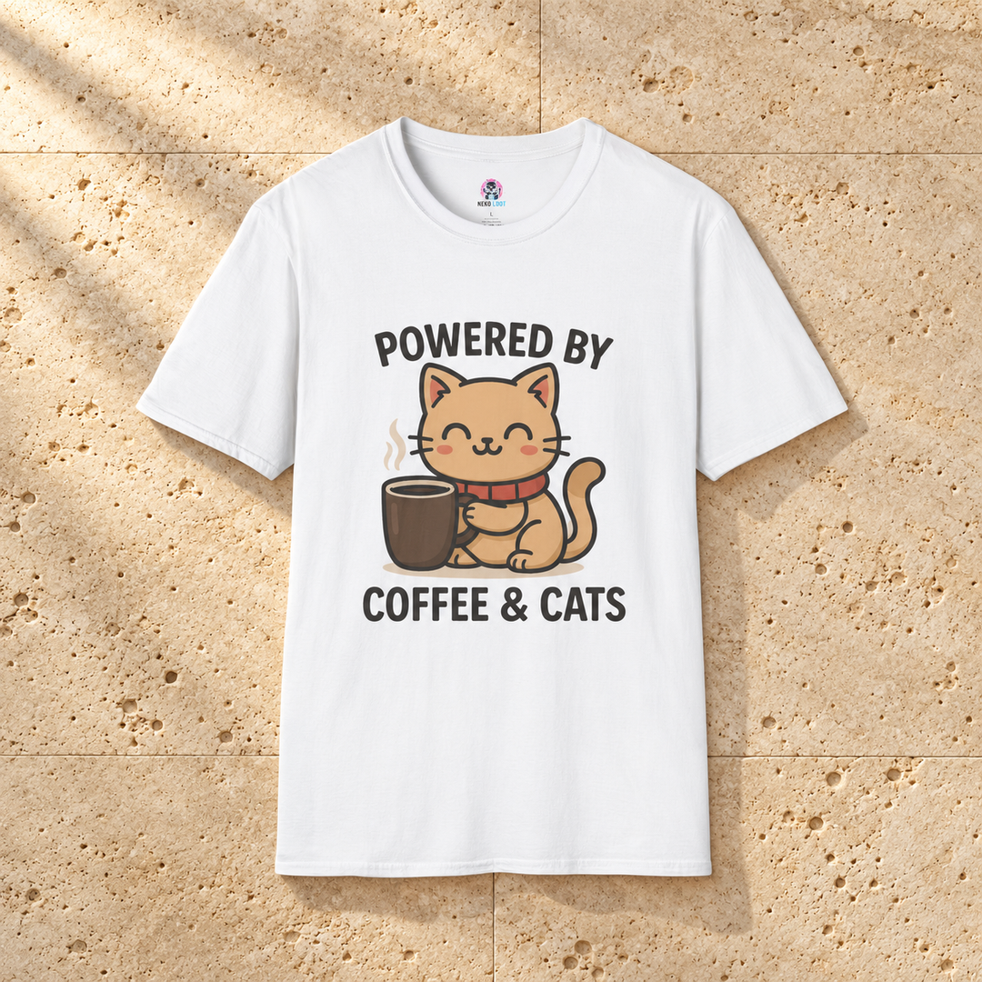 White Powered By Coffee & Cats T-Shirt on warm travertine stone.