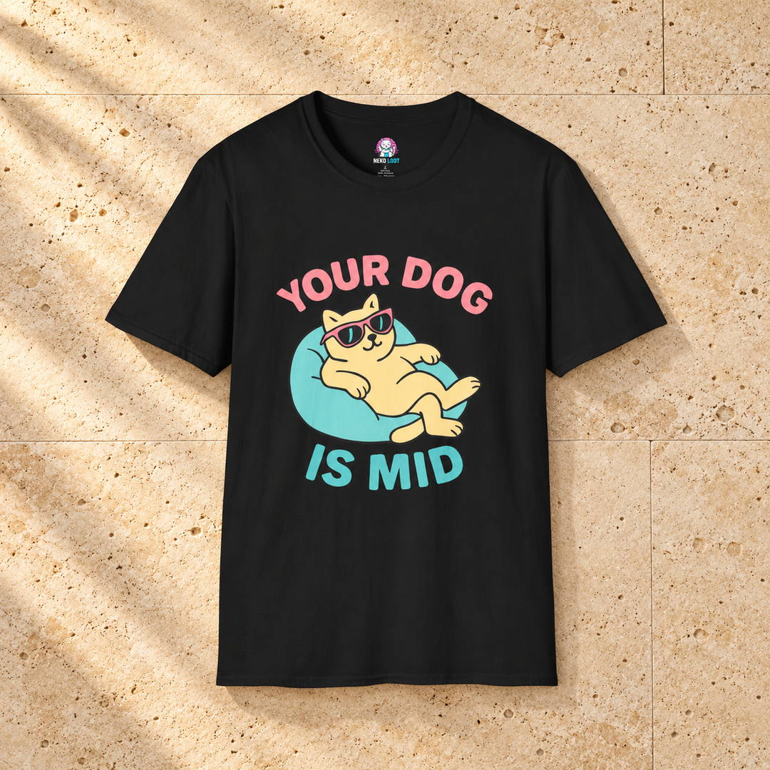 Black Mid Dog Cat T-Shirt on warm travertine stone.