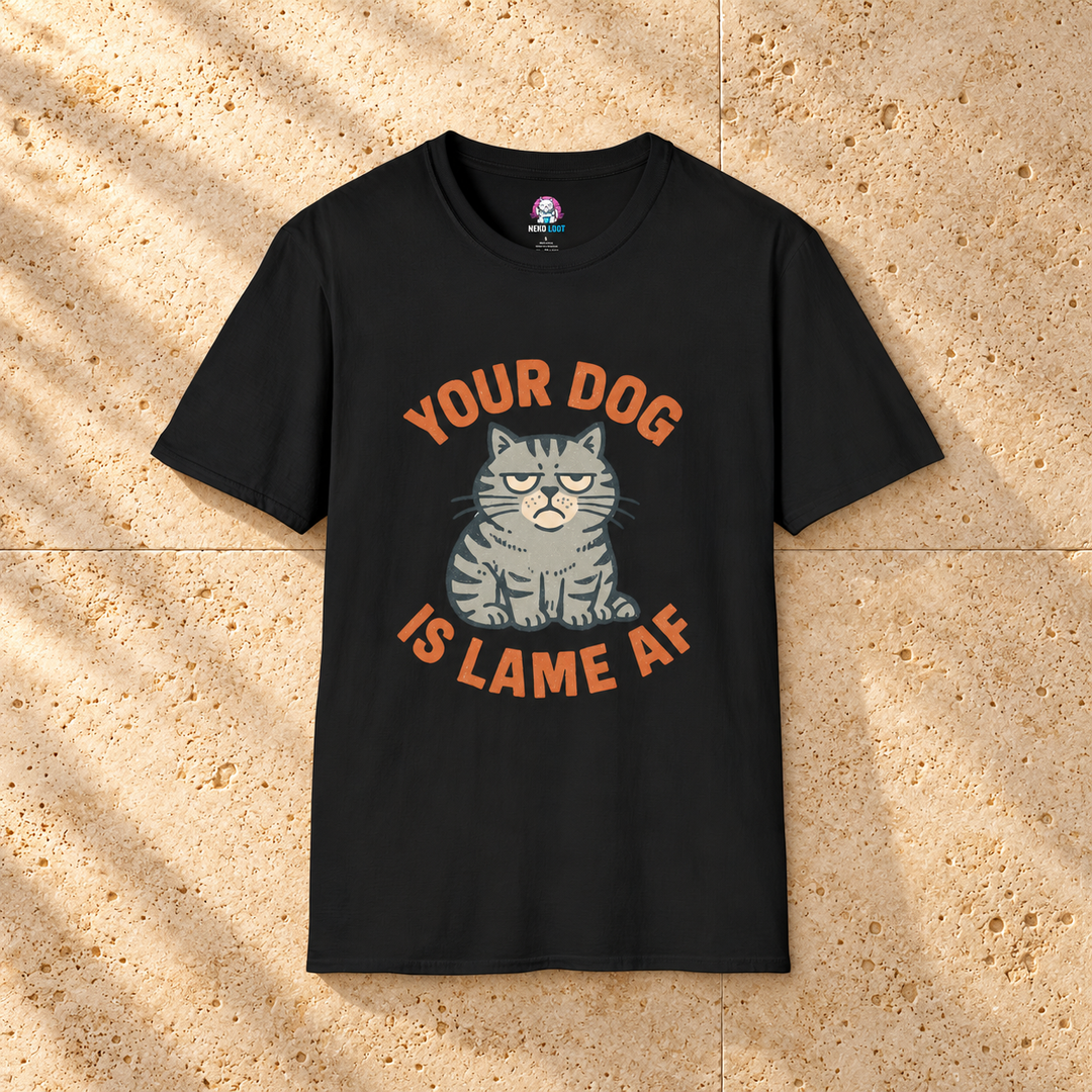 Black Lame Dog Cat T-shirt on warm travertine stone.