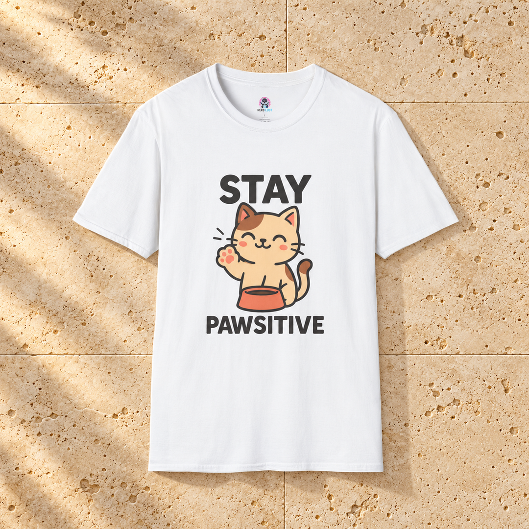 White Pawsitive Vibes Cat T-Shirt on warm travertine stone.