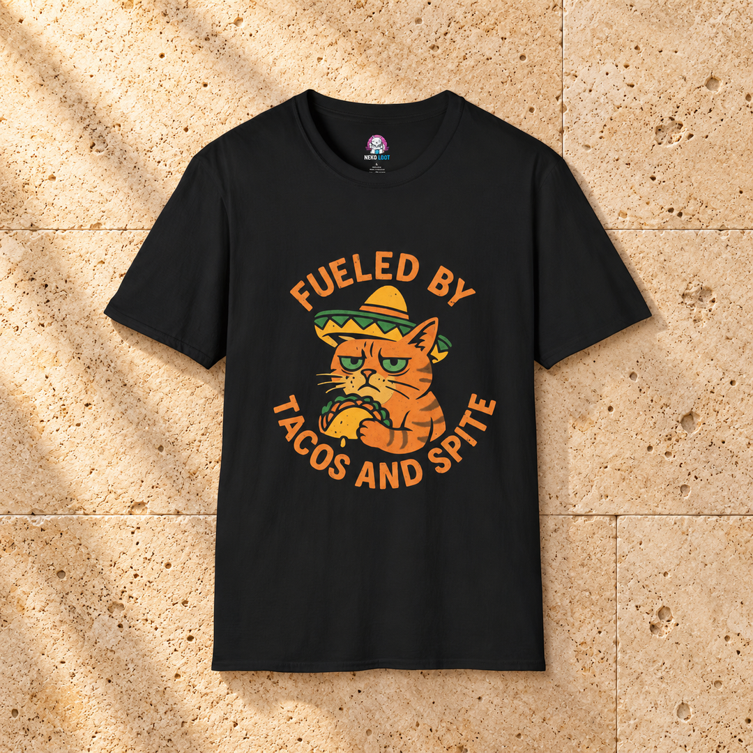 Black Spite Tacos Cat T-Shirt on warm travertine stone.