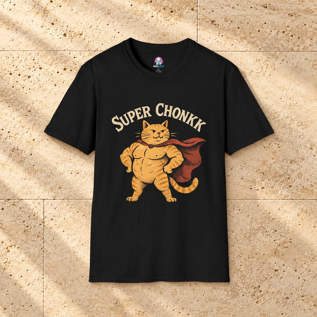 Black Super Chonk Cat T-Shirt on warm travertine stone.