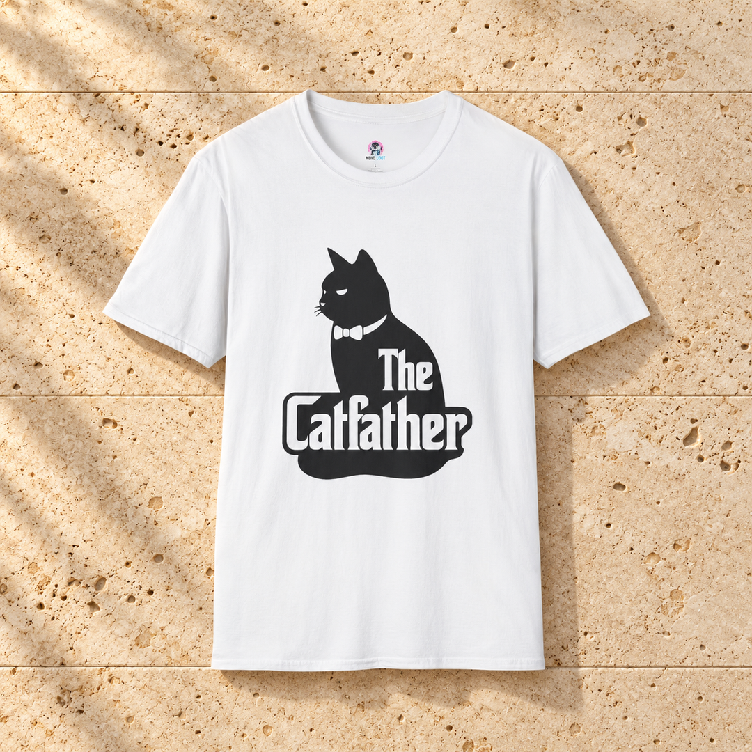 White Catfather Cat T-Shirt on warm travertine stone.