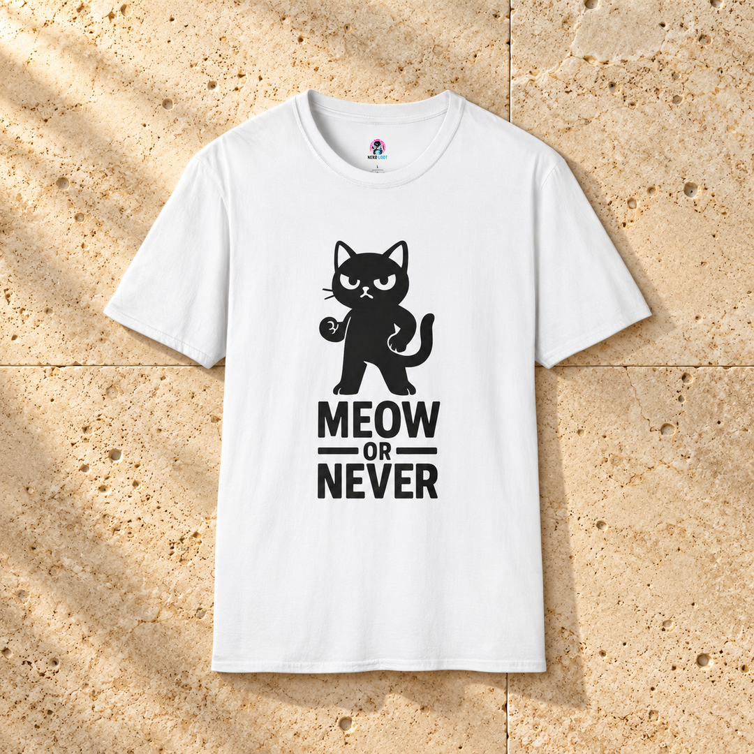 White Meow Or Never Cat T-Shirt on warm travertine stone.