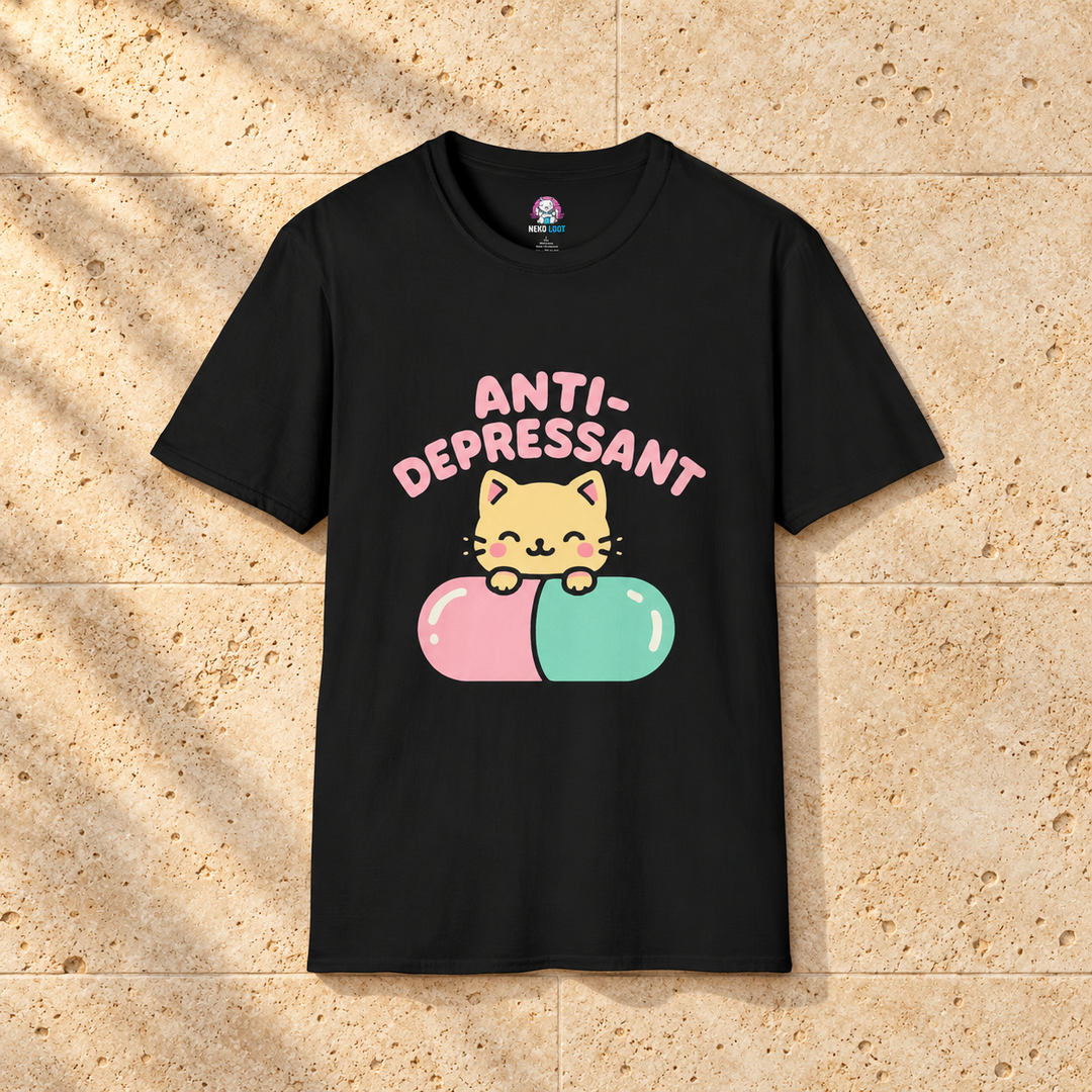 Black Anti-Depressant Cat T-Shirt on warm travertine stone.