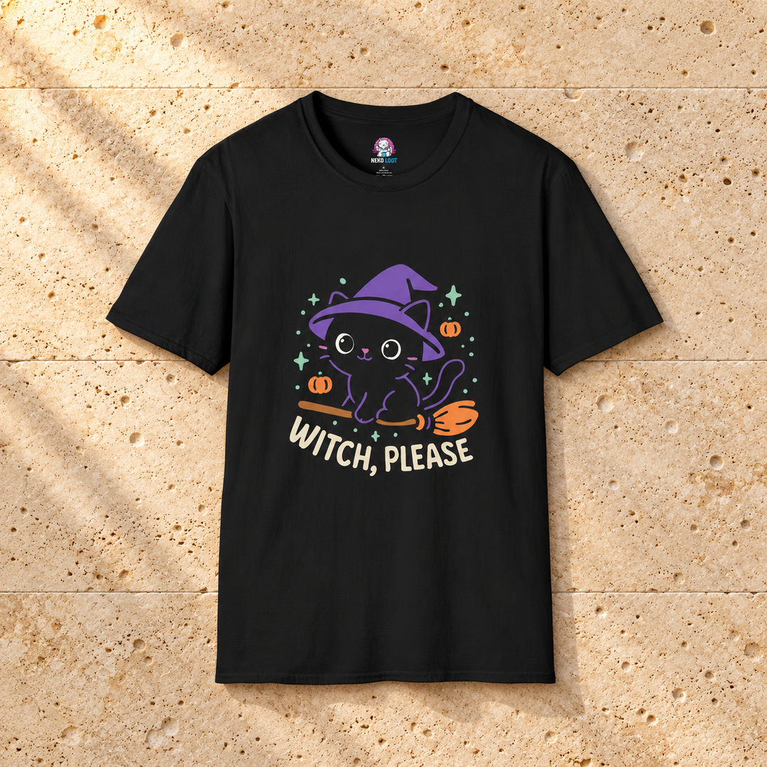 Black Witch Cat T-Shirt on warm travertine stone.