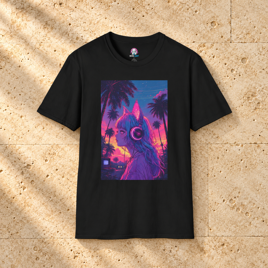 Black Retro Catgirl Vibes T-Shirt on warm travertine stone.