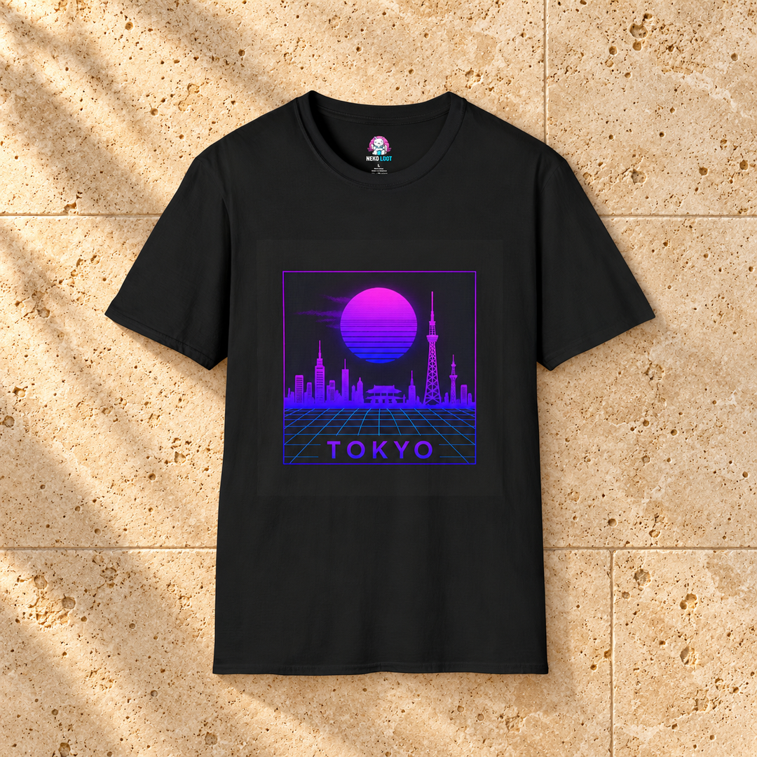 Black Tokyo Skyline T-Shirt on warm travertine stone.
