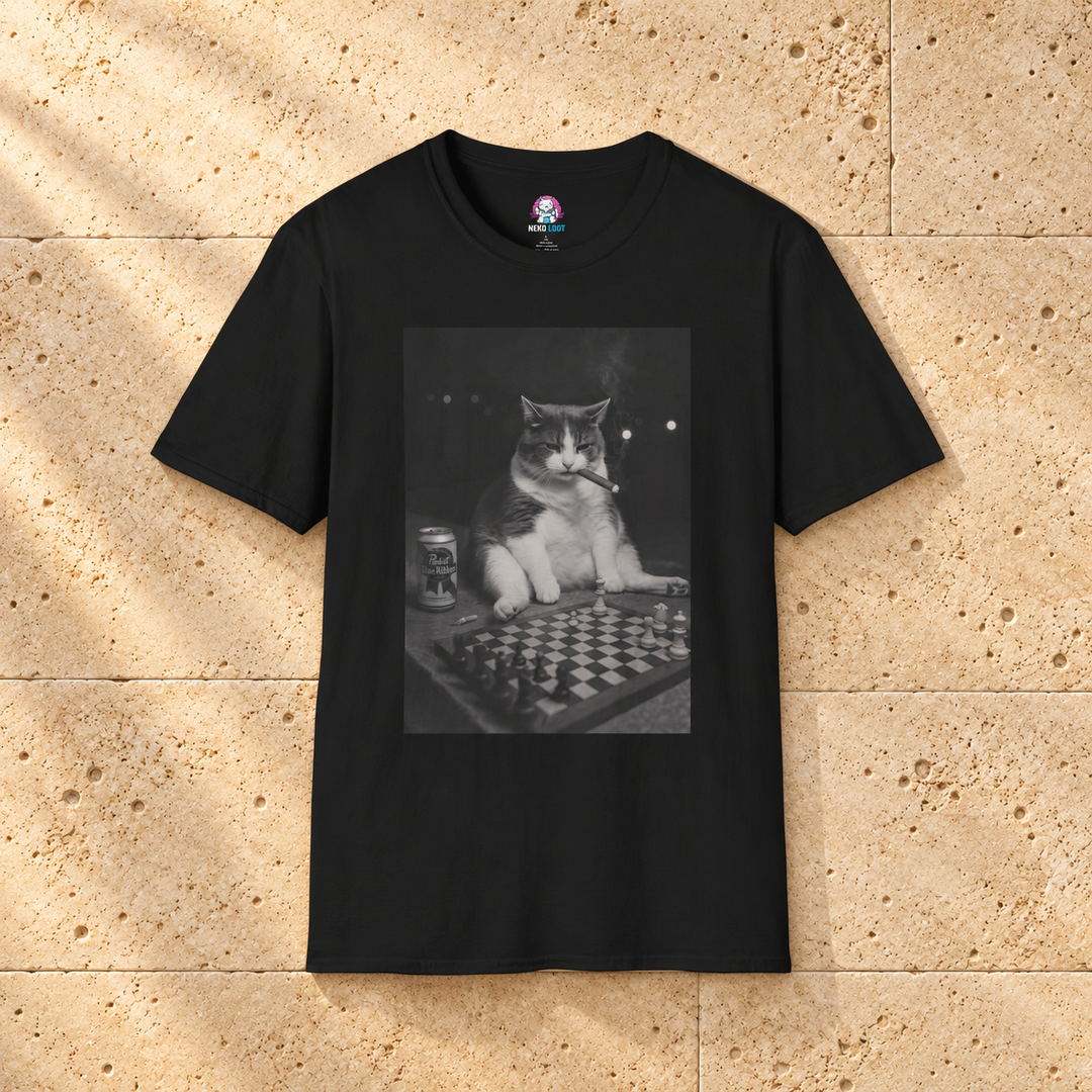 Black Chess Cat T-shirt on warm travertine stone.