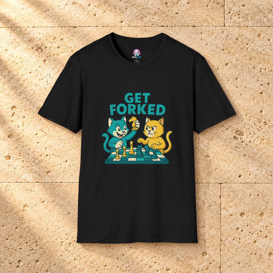 Black Get Forked Cat T-Shirt on warm travertine stone.