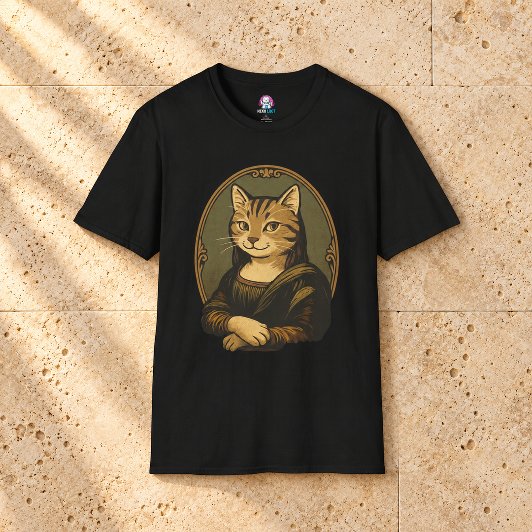Black Meowna Lisa Cat T-shirt on warm travertine stone.