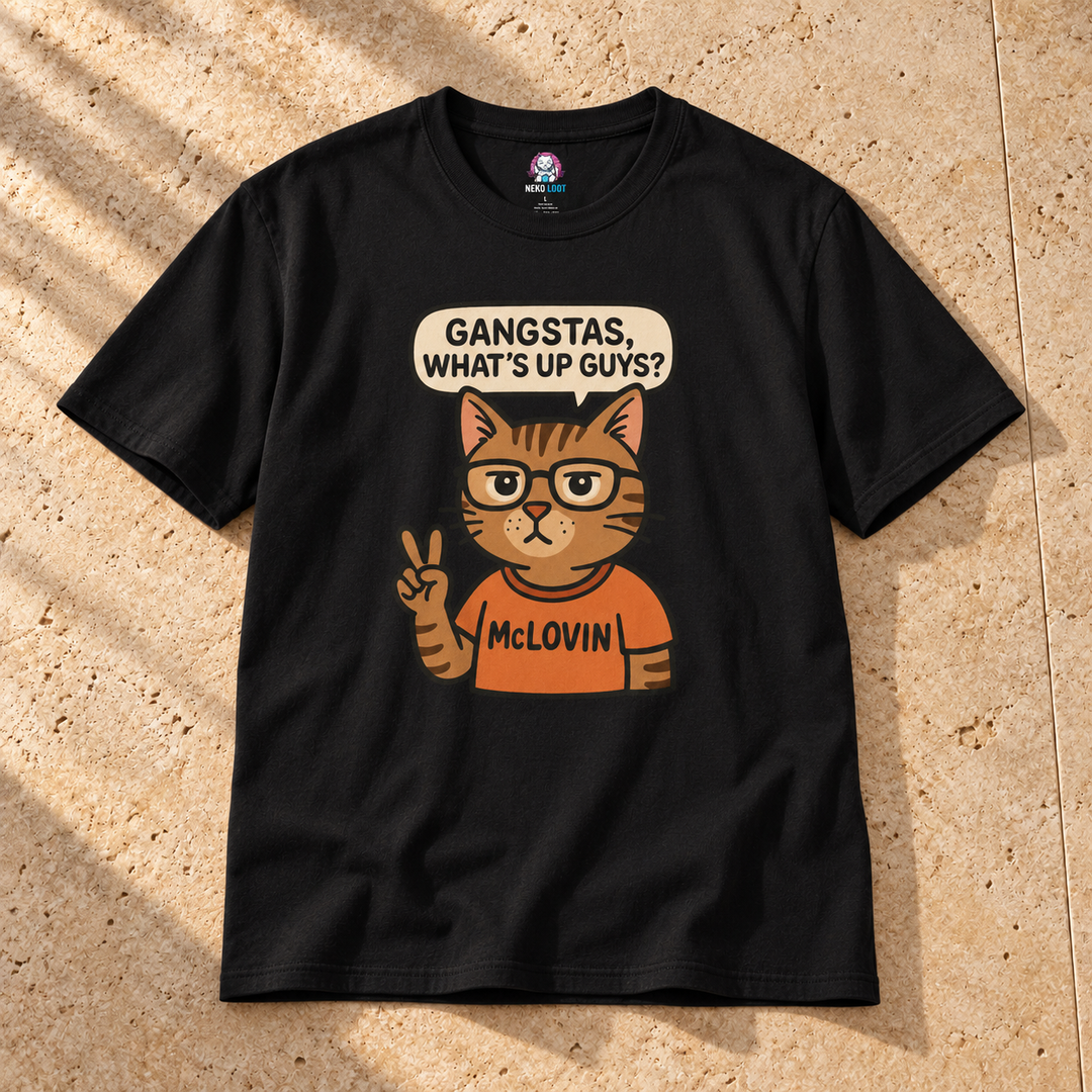 Black McLovin Cat T-Shirt on warm travertine stone.